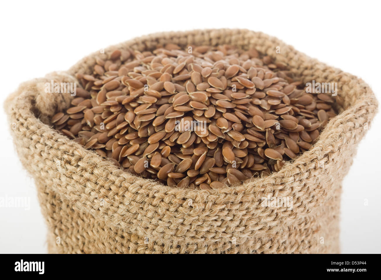 Leinsamen in einer Jute-Tasche Stockfoto