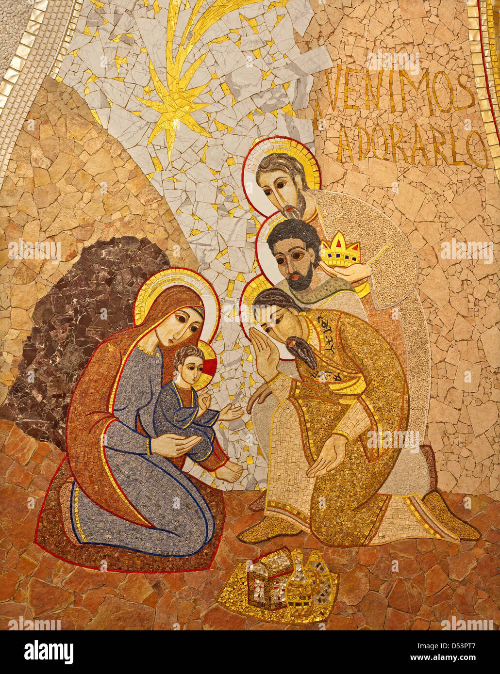 MADRID - März 10: Moderne Mosiac der Anbetung der Heiligen drei Könige von Pater Rupnik von Capilla del Santisimo in der Almudena-Kathedrale Stockfoto