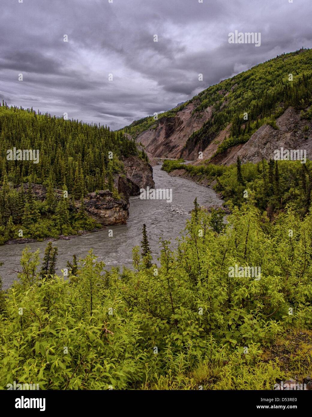 26. Juni 2012 - bildet Denali Borough, Alaska, USA - The Nenana River, der beliebteste Wildwasserfluss in Alaska, die östliche Grenze des Denali National Park, mit dem George Parks Highway (Alaska Route 3) entlang und am Fuße des Zuckerhuts 4.318 ft (1.316,13 m) auf der rechten Seite. (Kredit-Bild: © Arnold Drapkin/ZUMAPRESS.com) Stockfoto