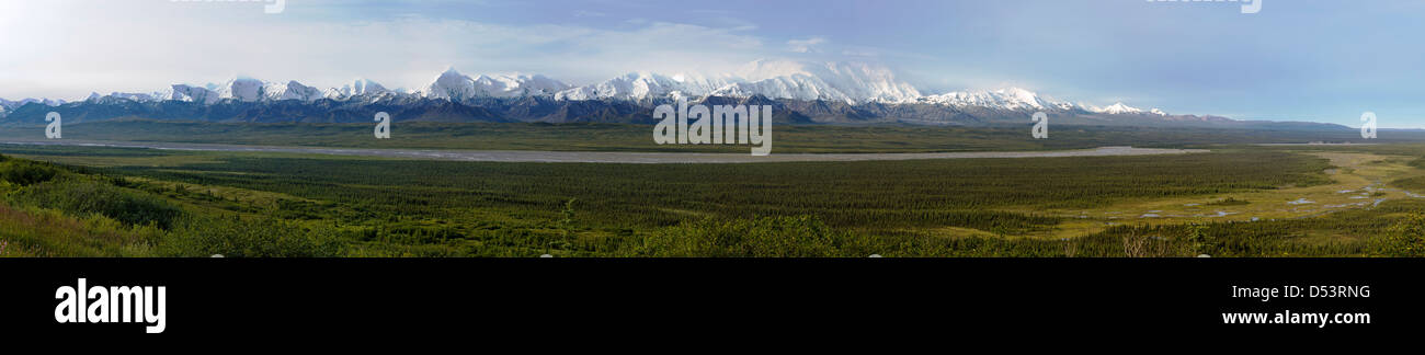 Panorama-Ansicht südlich von Alaska Range inklusive Mt. McKinley (Denali Berg) vom westlichen Ende des Denali Nationalpark, Alaska Stockfoto
