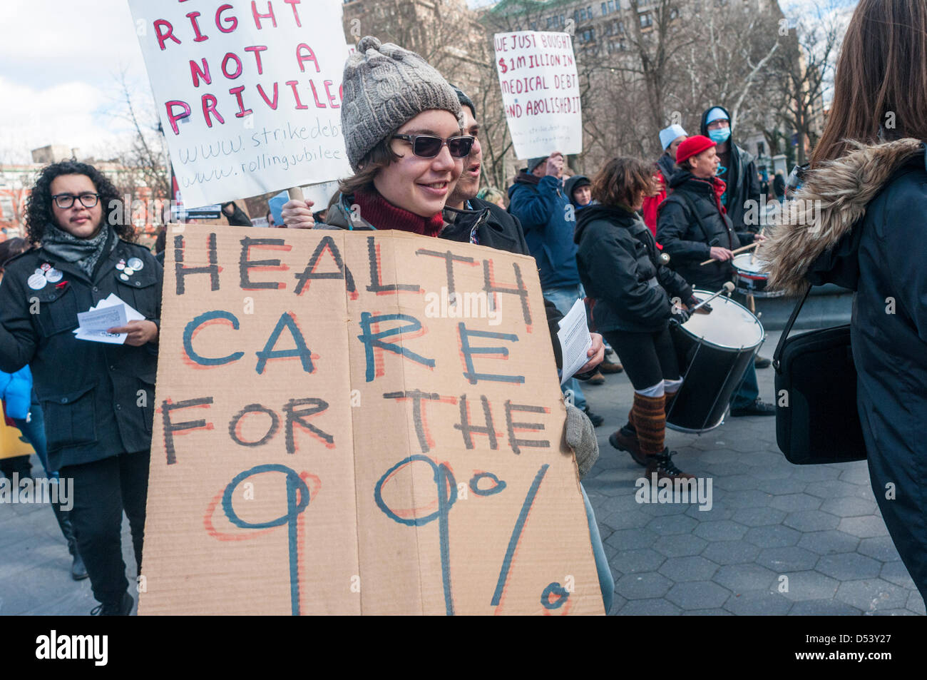 New York, USA. 23. März 2013. Occupy Wall Street Märsche aus Washington Square, Union Square, Universal Single Payer Healthcare im Staat New York zu unterstützen Stockfoto