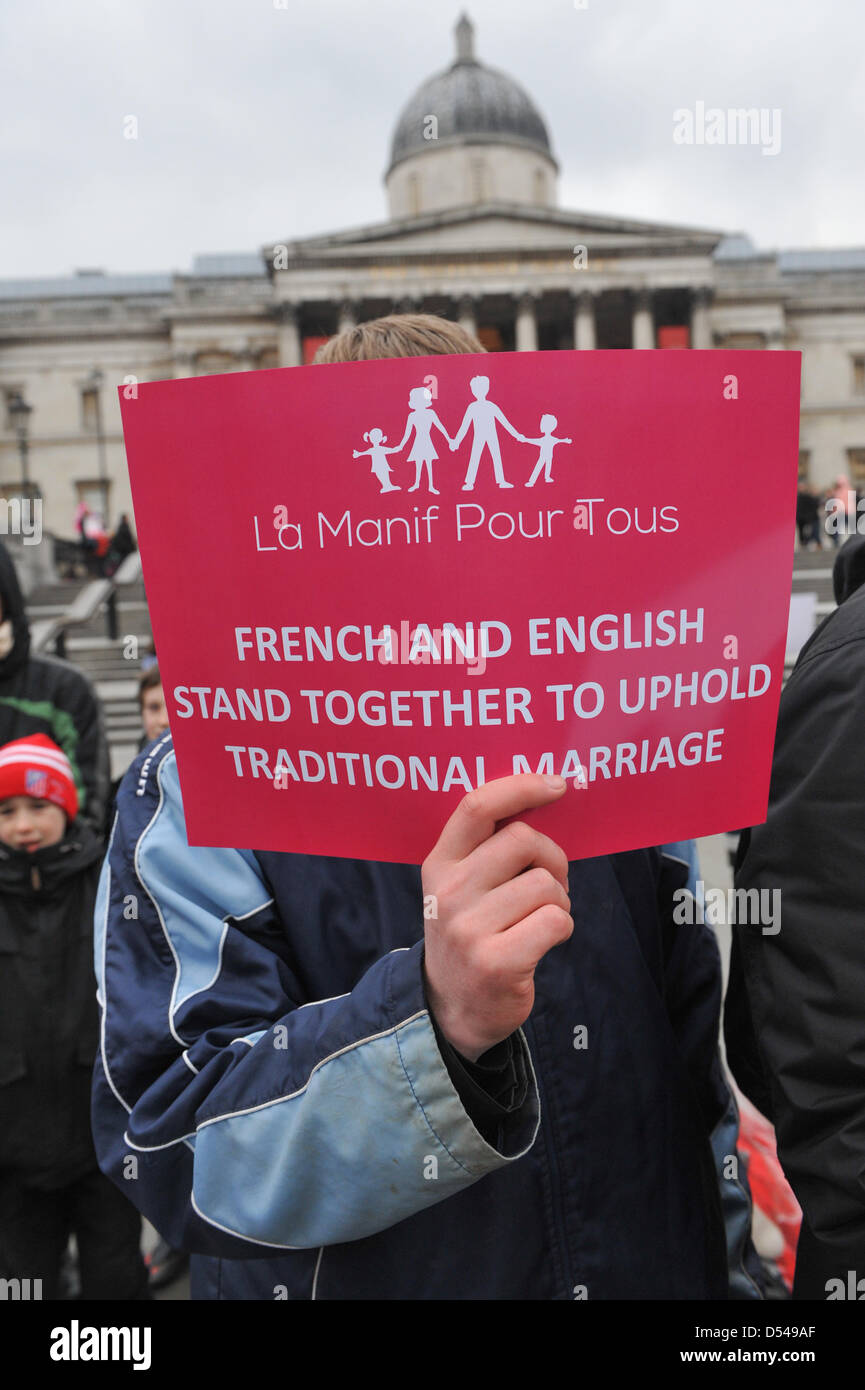 Trafalgar Square, London, UK. 24. März 2013. Demonstranten halten die Fahnen und Flaggen an einer Anti-Homosexuell Ehe-Demonstration in London von Briten und Franzosen. Bildnachweis: Matthew Chattle/Alamy Live-Nachrichten Stockfoto