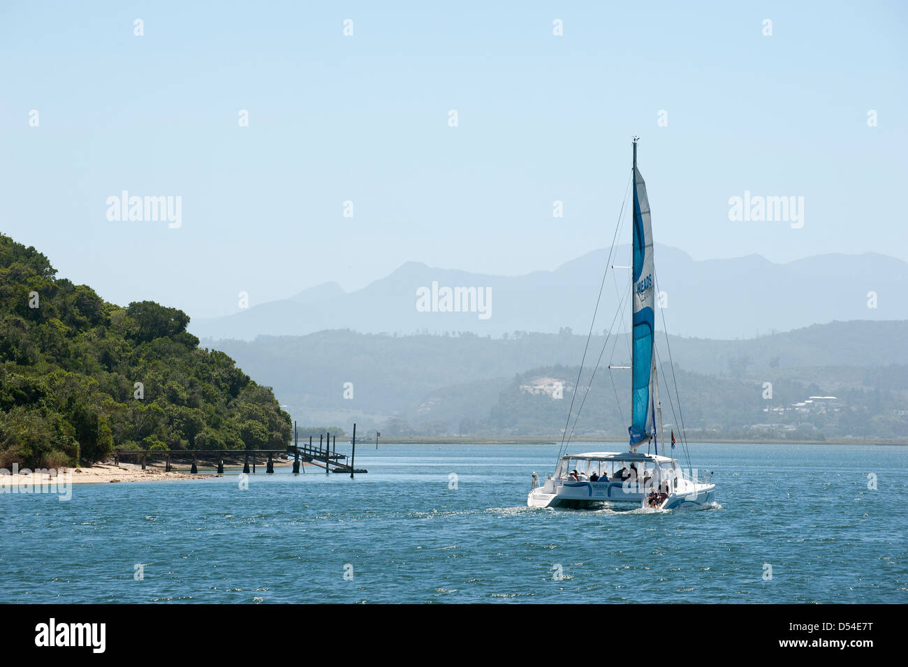 Katamaran-Segeln mit Passagieren vorbei das Featherbed Nature Reserve in Knysna Südafrika Stockfoto