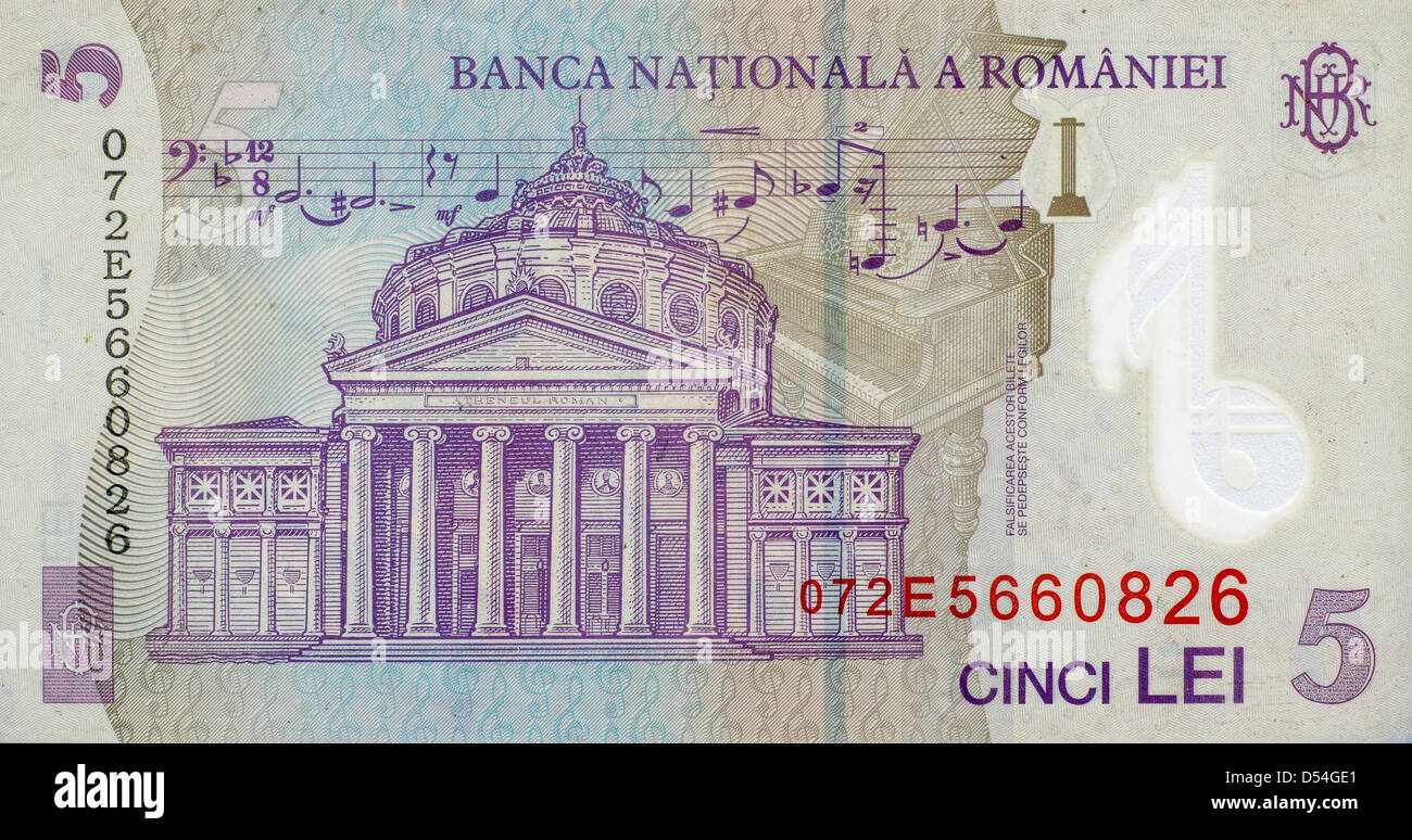 Die rumänischen Athenaeum Concert Hall auf der Rückseite einer rumänischen 5 Lei Banknote abgebildet. Stockfoto