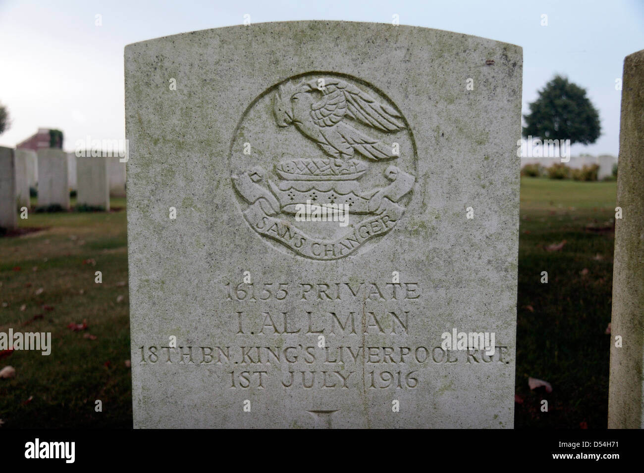 Grabstein von privaten I Allman, der am 1. Juli 1916 starb, CWGC Dantzig Gasse British Cemetery, Mametz, Somme Picardie, Frankreich. Stockfoto