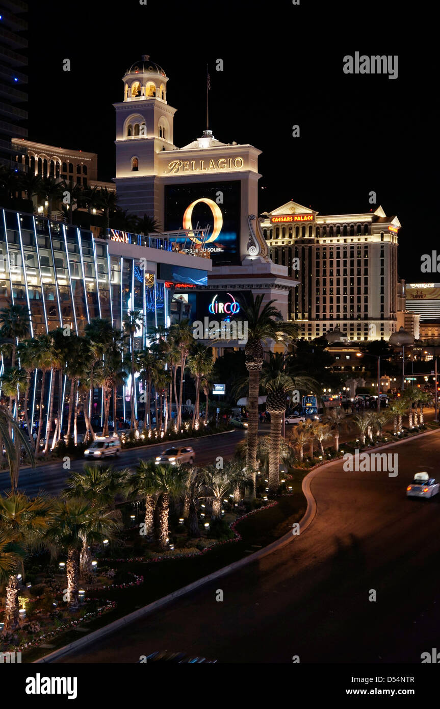 Bellagio, Caesars Palace, Nacht, Las Vegas Strip Stockfoto