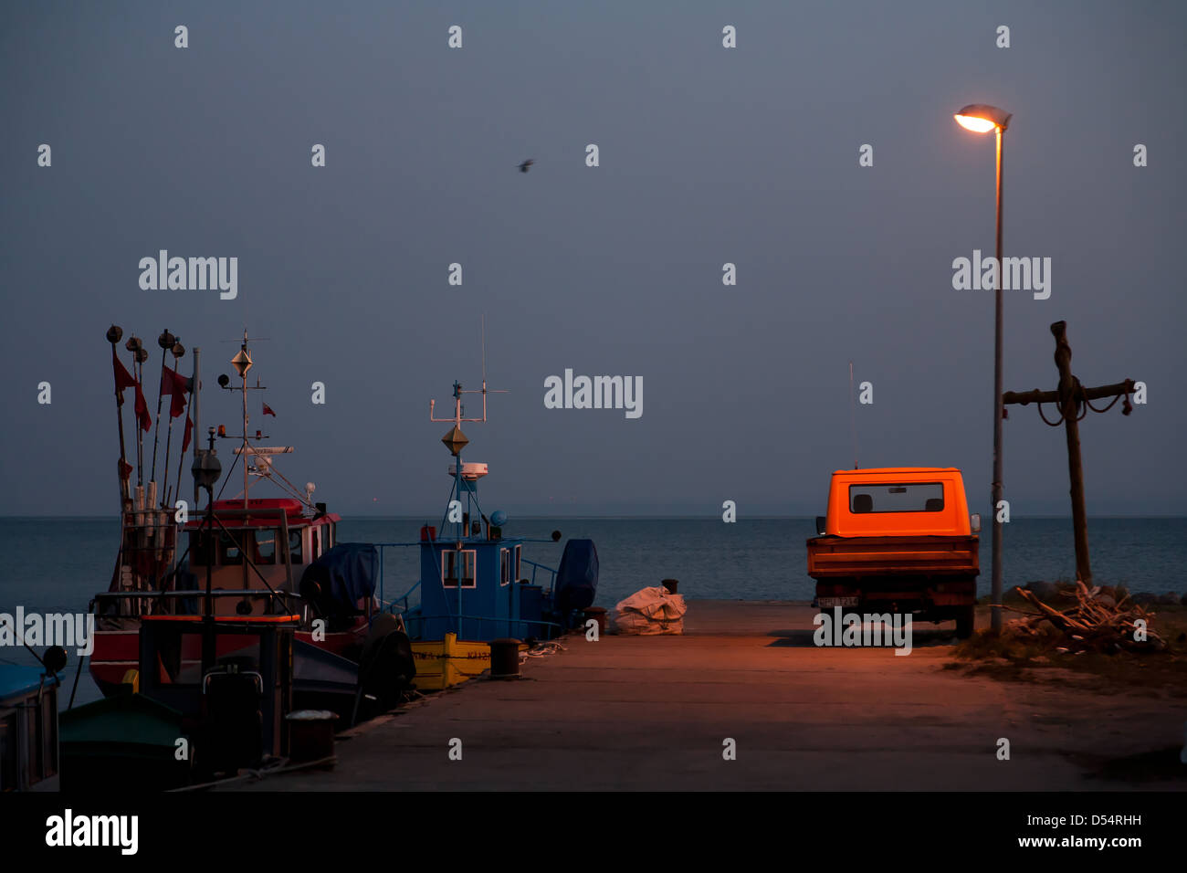 Küssen Sie, Feld, Polen, Hafen und Fischerboote im Golf von Danzig Stockfoto