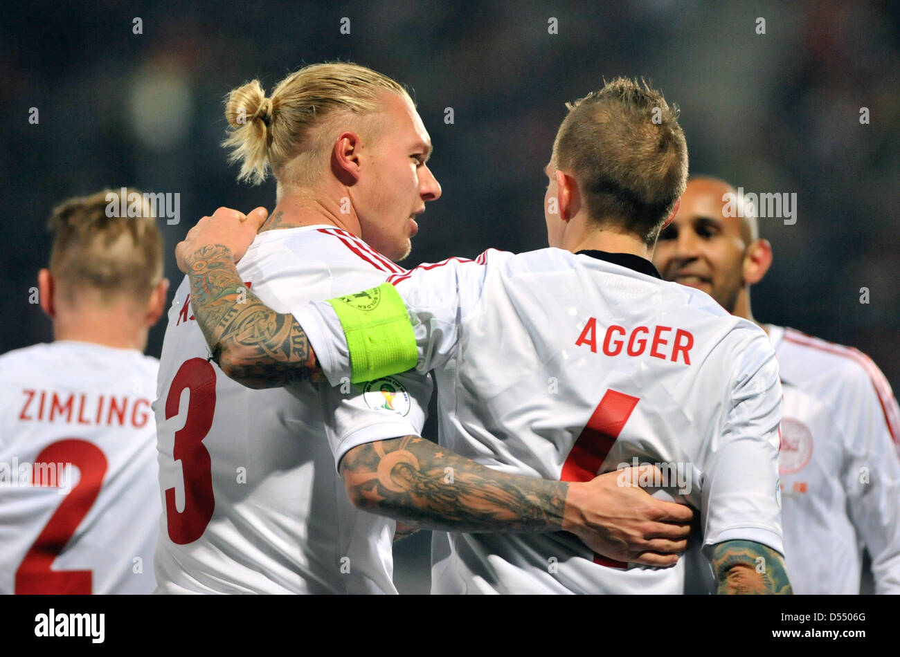 Dänische Spieler (von links nach rechts) Niki Zimling, Simon Kjaer, Daniel Agger und Simon Busk Poulsenin ihre 2014 WM-Qualifikation Fußball Spiel Tschechien gegen Dänemark in Olomouc, Tschechische Republik, Freitag, 22. März 2013. (Foto/Jaroslav Ozana CTK) Stockfoto