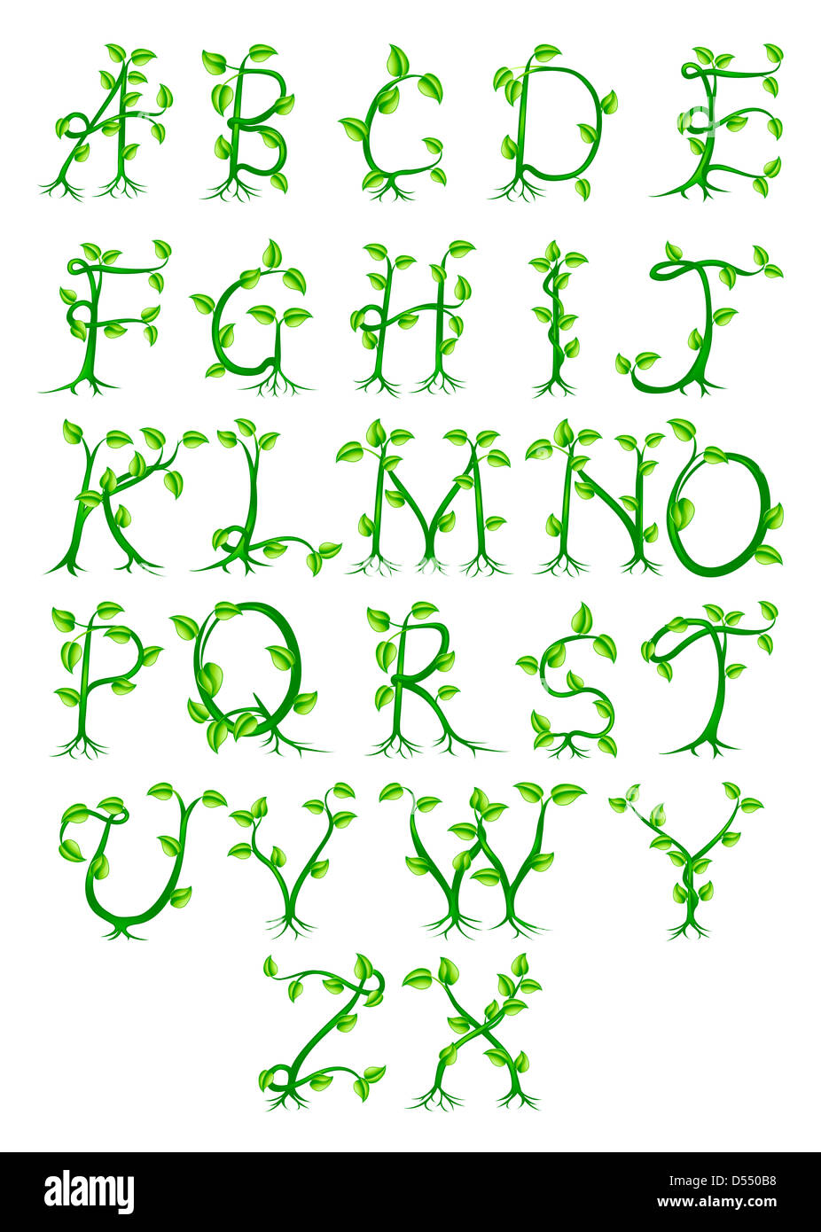Eine komplette dekoratives Alphabet bestehend aus Buchstaben, die von grünen Pflanzen wachsen Stockfoto