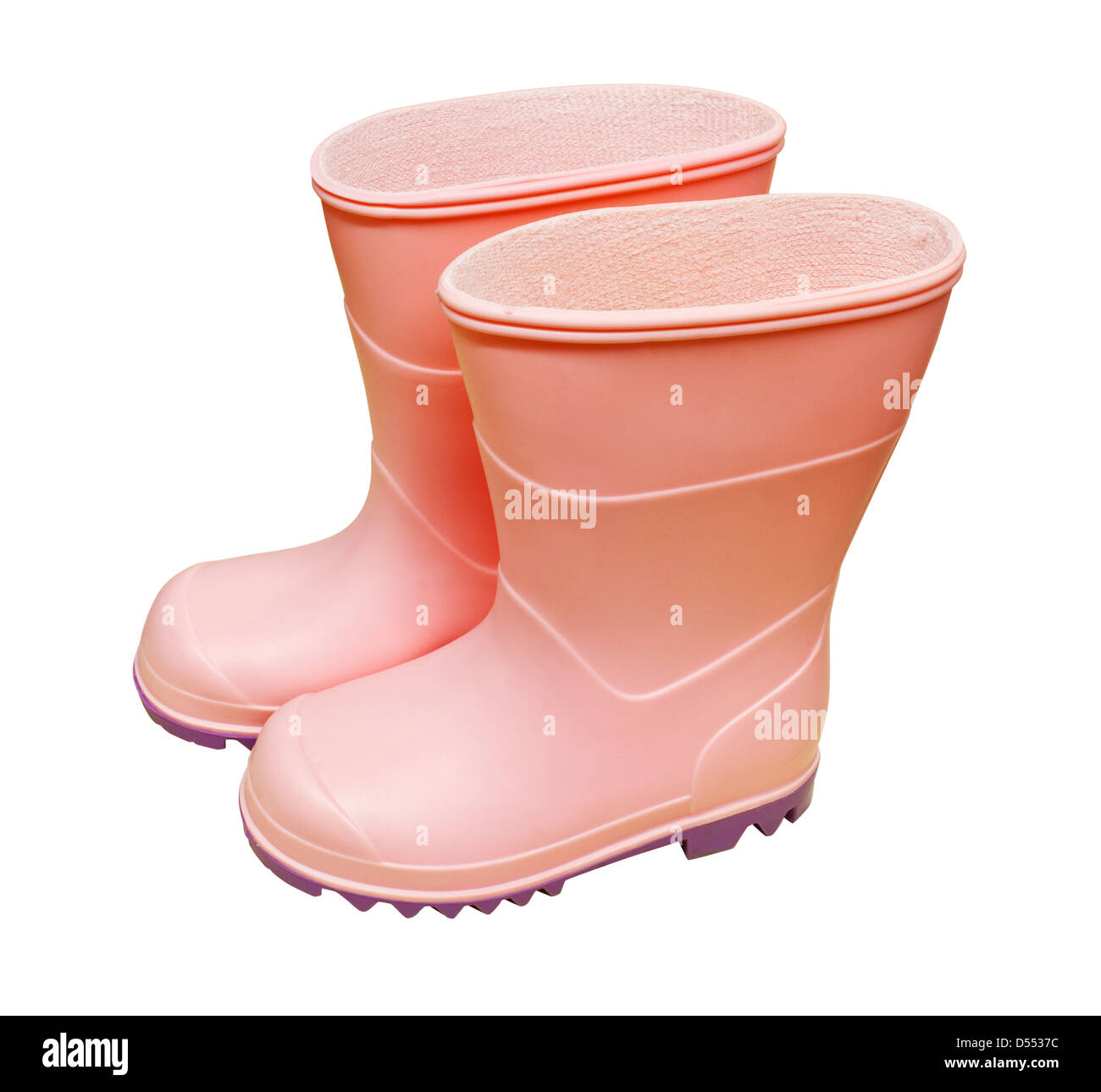 Ein paar rosa Gummistiefel vor einem weißen Hintergrund isoliert Stockfoto