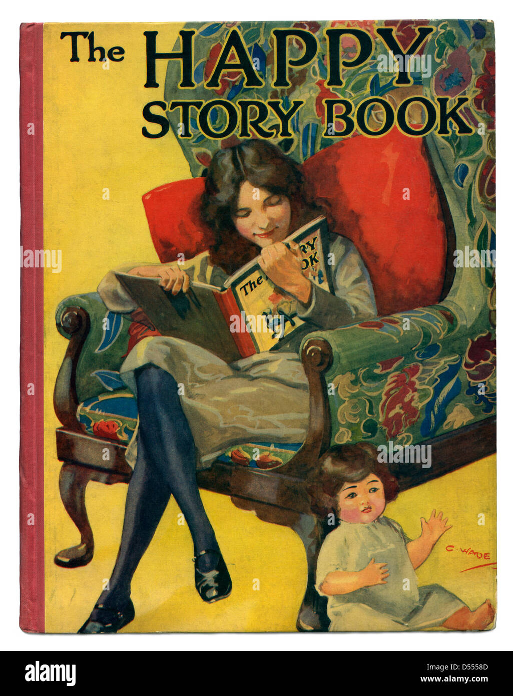 Die glückliche Geschichtebuch vorgestellten eine Mädchen das gleiche Buch auf dem Cover. -ein Vintage Abdeckung ca. 1930 Stockfoto