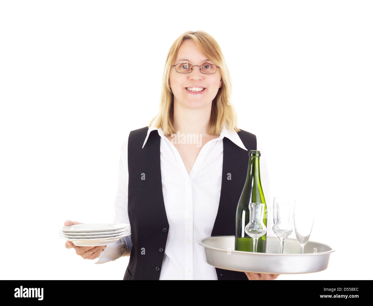 Kellnerin mit Abendessen und Platten Stockfoto