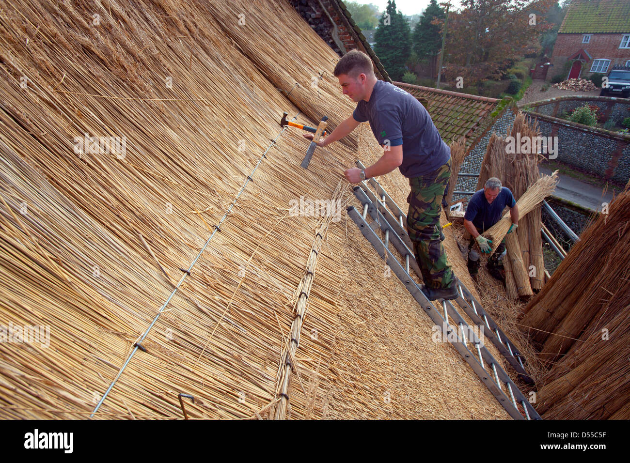 Thatching mit Norfolk Reed arbeitet an einem alten Haus in Trunch Dorf Norfolk UK Stockfoto