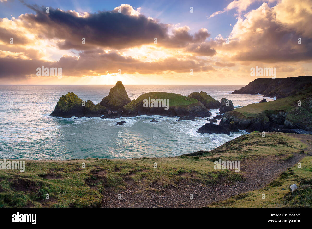 Eine Weitergabe Dusche wirft goldenes Licht über Kynance Cove, Cornwall Stockfoto