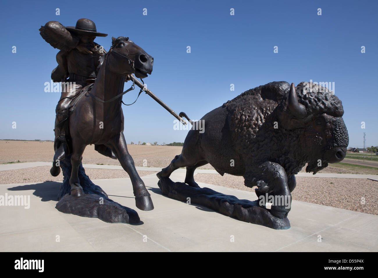 Eine doppelt lebensgroßen Buffalo Bill Bronze-Skulptur in Oakley, Kansas Stockfoto