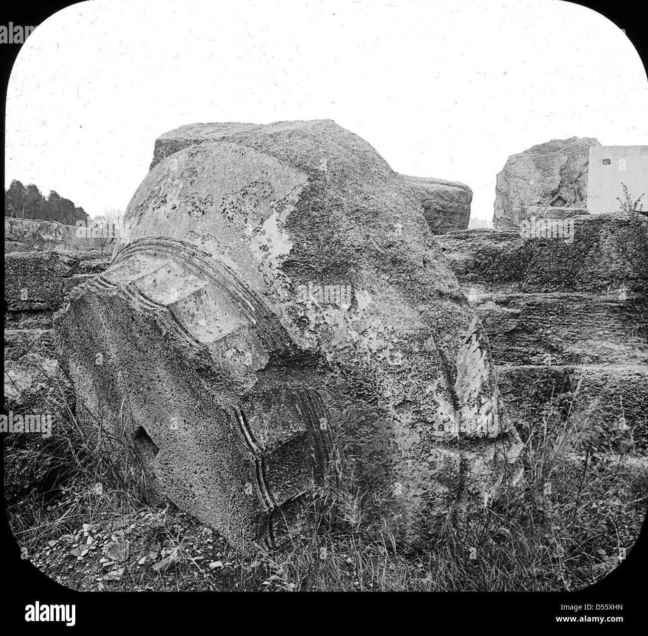 Ein Foto des Zeus-Tempels in Olympia, Griechenland. Das Bild fängt die Überreste des antiken griechischen Tempels ein, der für seine massiven Säulen und die historische Bedeutung in der antiken griechischen Religion bekannt ist. Stockfoto