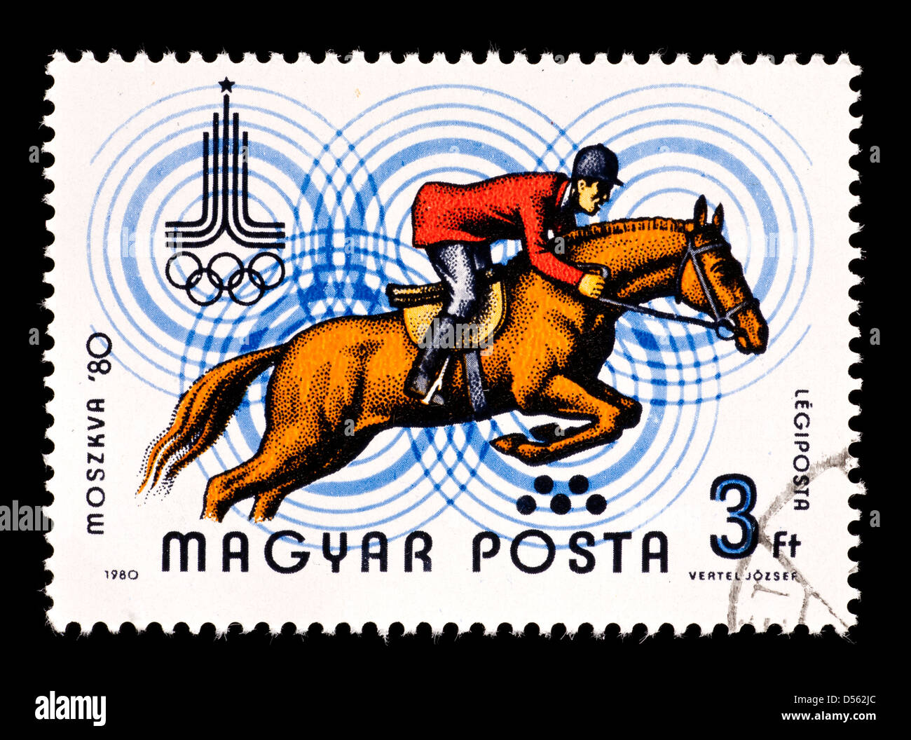 Briefmarke aus Ungarn, die Darstellung einer Reitsport Reiter und Pferd springen, ausgestellt für die Olympiade 1980 in Moskau, 1980 Stockfoto