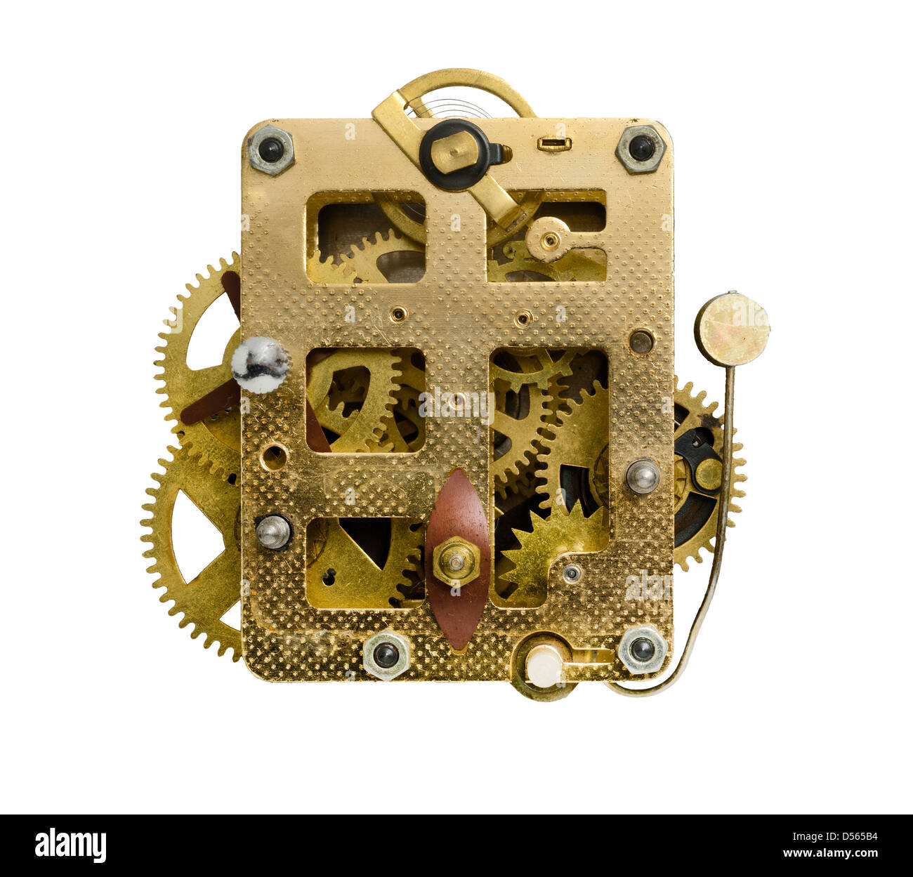 Zahnräder im Inneren eine antike Uhr isoliert auf weiss Stockfoto
