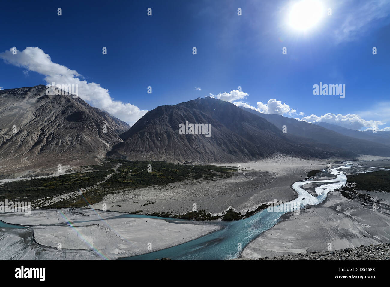 Ladakh, Landschaft, Indien, Natur, Klima, Umwelt, Gebirge, Himalaya, Himalaya, Shyok Fluß Fluss führt Linien Stockfoto