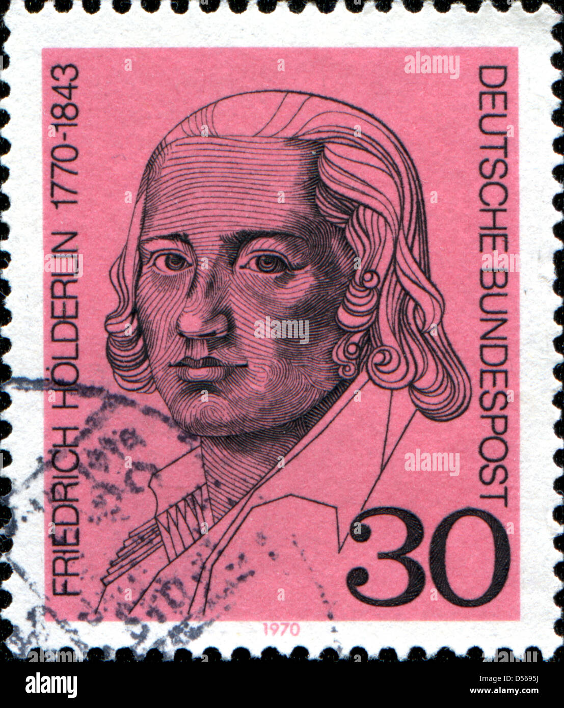 Deutschland - ca. 1970: Eine Briefmarke gedruckt in der Bundesrepublik Deutschland zeigt Friedrich Hölderlins, Lyriker, ca. 1970 Stockfoto
