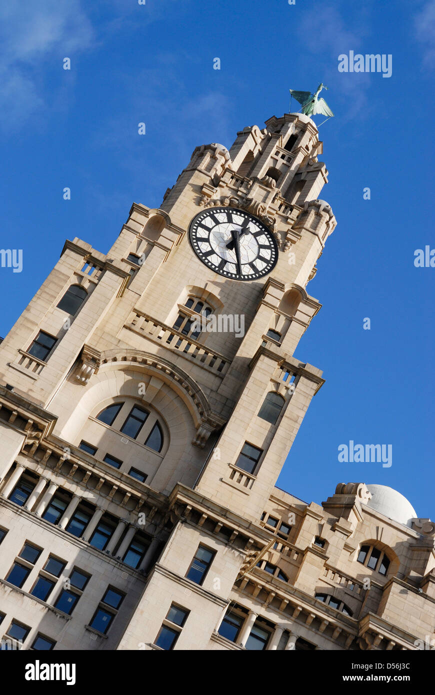 Liverbird auf der Royal Liver Assurance Building befindet sich am Pier Head in Liverpool - Kulturhauptstadt Europas 2008 Stockfoto