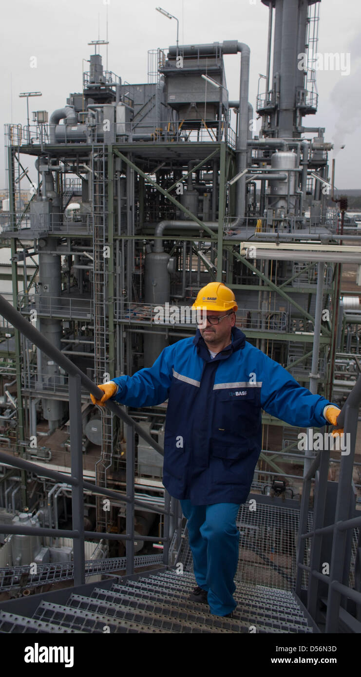 Mitarbeiter Roland Binder der BASF Schwarzheide GmbH abgebildet auf einer chemischen Facilty in Schwarzheide, Deutschland, 17. März 2010. BASF Schwarzheide GmbH präsentierte ihre Geschäftsnummer für 2009 auf einer Bilanz-Pressekonferenz am selben Tag. Der Umsatz sank um 20 Prozent auf 826 Millionen Euro. 1861-Mitarbeiter sind derzeit im Unternehmen beschäftigt. Foto: PATRICK PLEUL Stockfoto