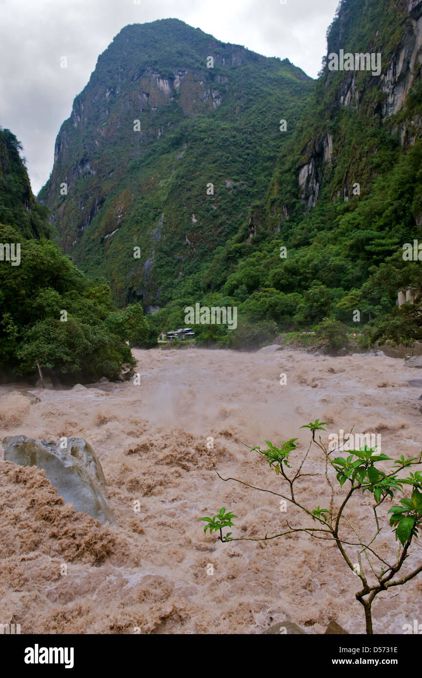 Der reissende Sturzbäche der Urubamba Fluss bei Hochwasser in der Nähe von Aquas Calientes, Peru. Dies ist der Zugang nach Machu Picchu Site Stockfoto