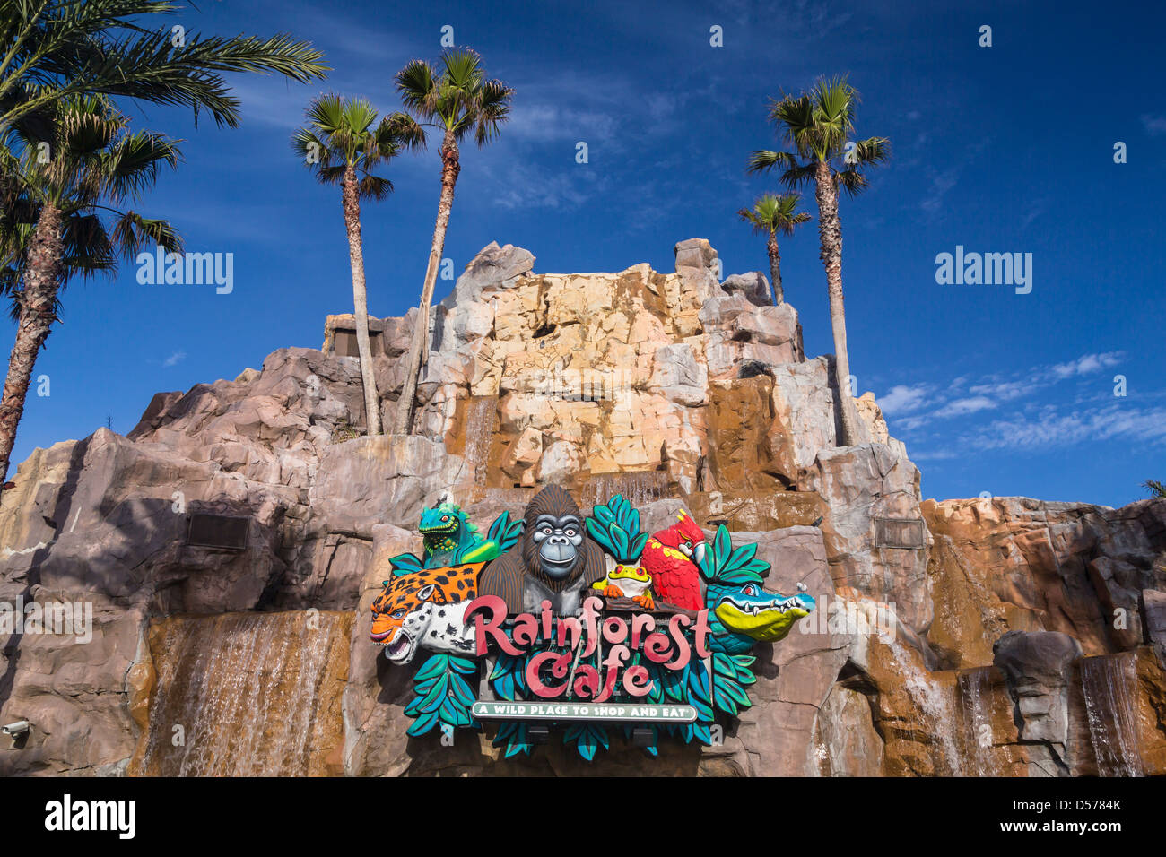 Das Rainforest Cafe Ortseingangsschild in Galveston, Texas, USA. Stockfoto