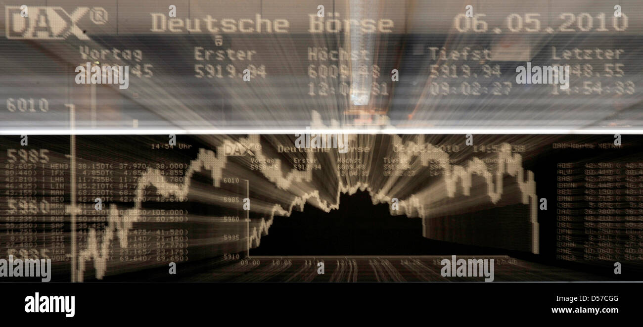 Ein Zoom-Effekt Bild des deutschen Aktienindex DAX an der Börse in Frankfurt Main, Deutschland, 6. Mai 2010. Experten prognostizieren, dass finanzielle Probleme und soziale Spannungen auftreten in Griechenland über die gesamte Euro-Zone verteilt werden. Foto: BORIS ROESSLER Stockfoto