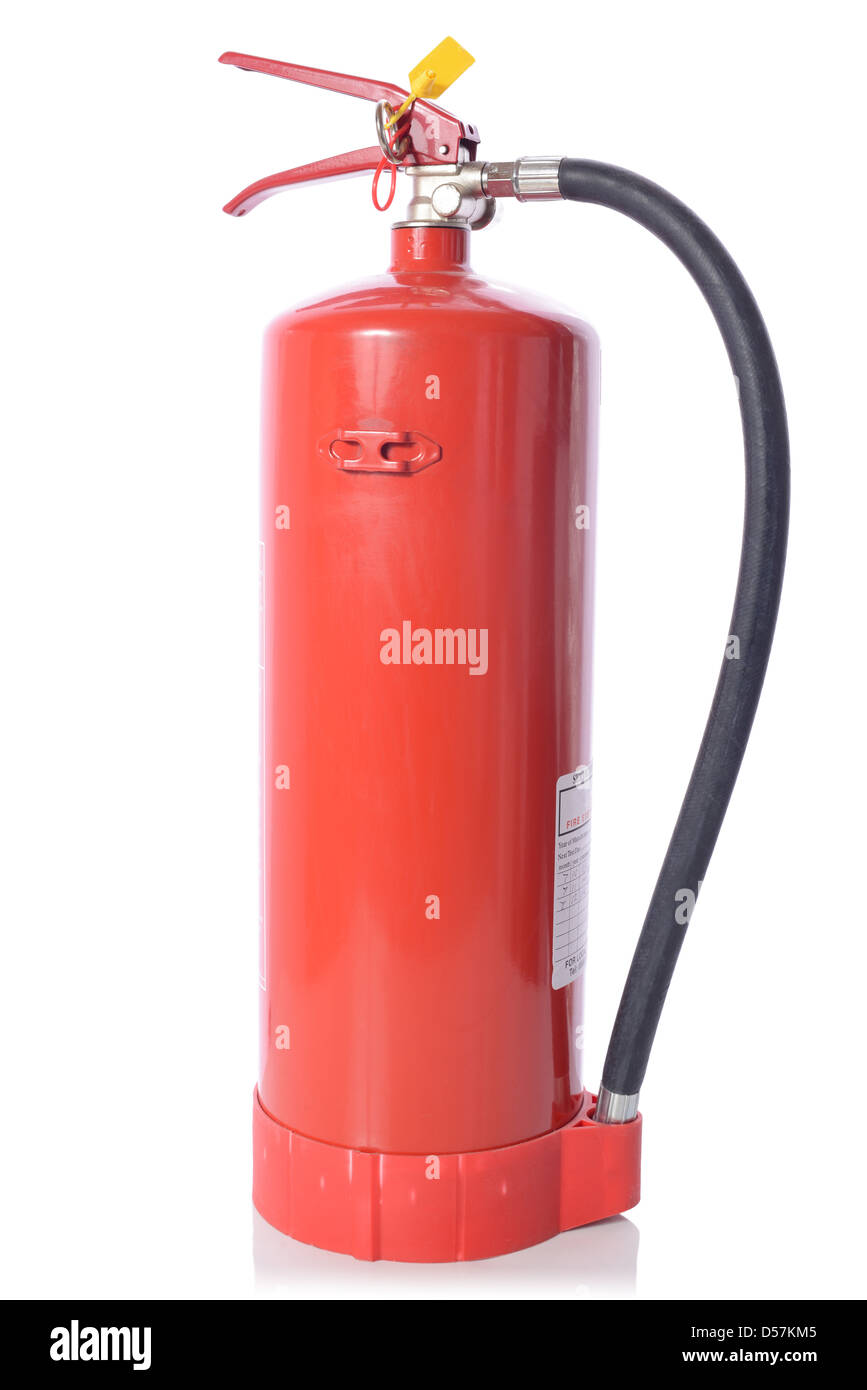 Einen roten Feuerlöscher mit Inspektion Label isoliert auf weißem Hintergrund Stockfoto