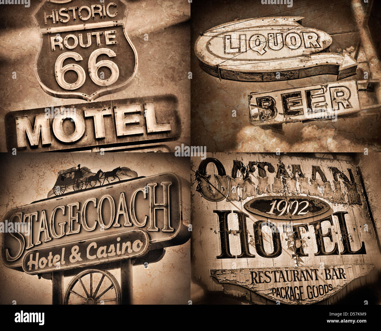 Vier Zeichen zusammengesetzte "Route 66 Motel, Likör-Bier, Oatman Motel, Stagecoach Motel" Stockfoto