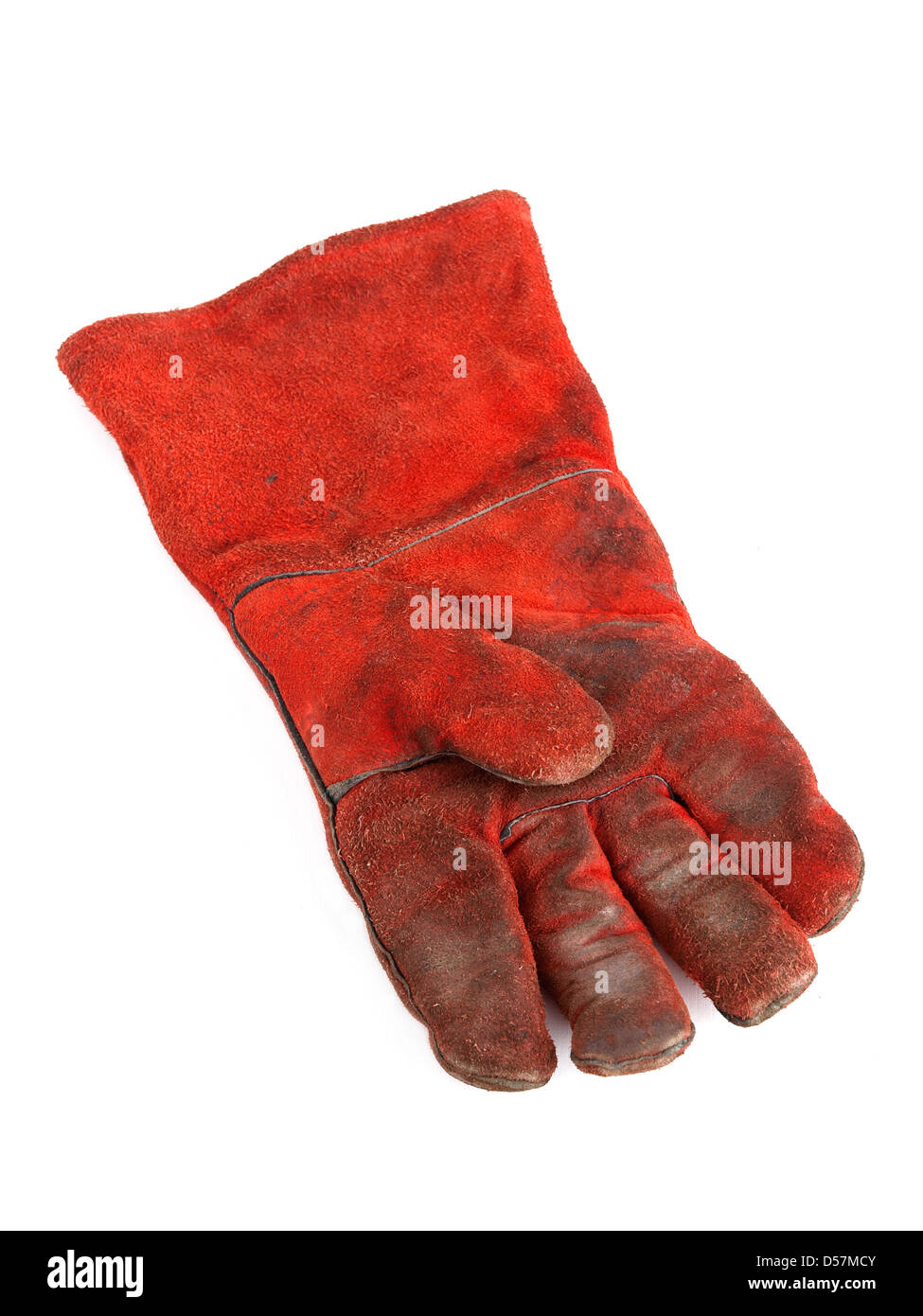 Einen roten Handschuh auf weißem Hintergrund... Der Handschuh ist eine Schutzkleidung. Stockfoto