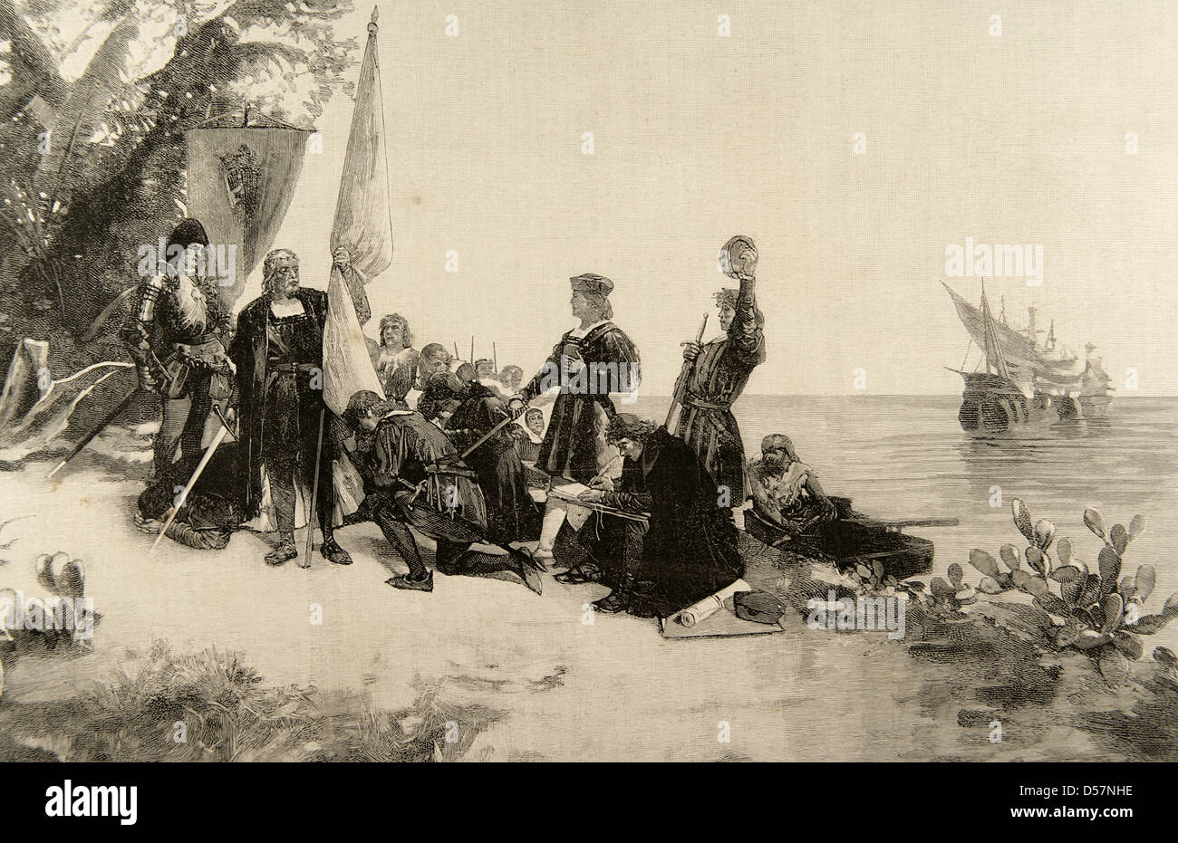 Christopher Columbus (1451-1506). Explorer und Navigator Genueser. Columbus Inbesitznahme der Insel San Salvador. Stockfoto