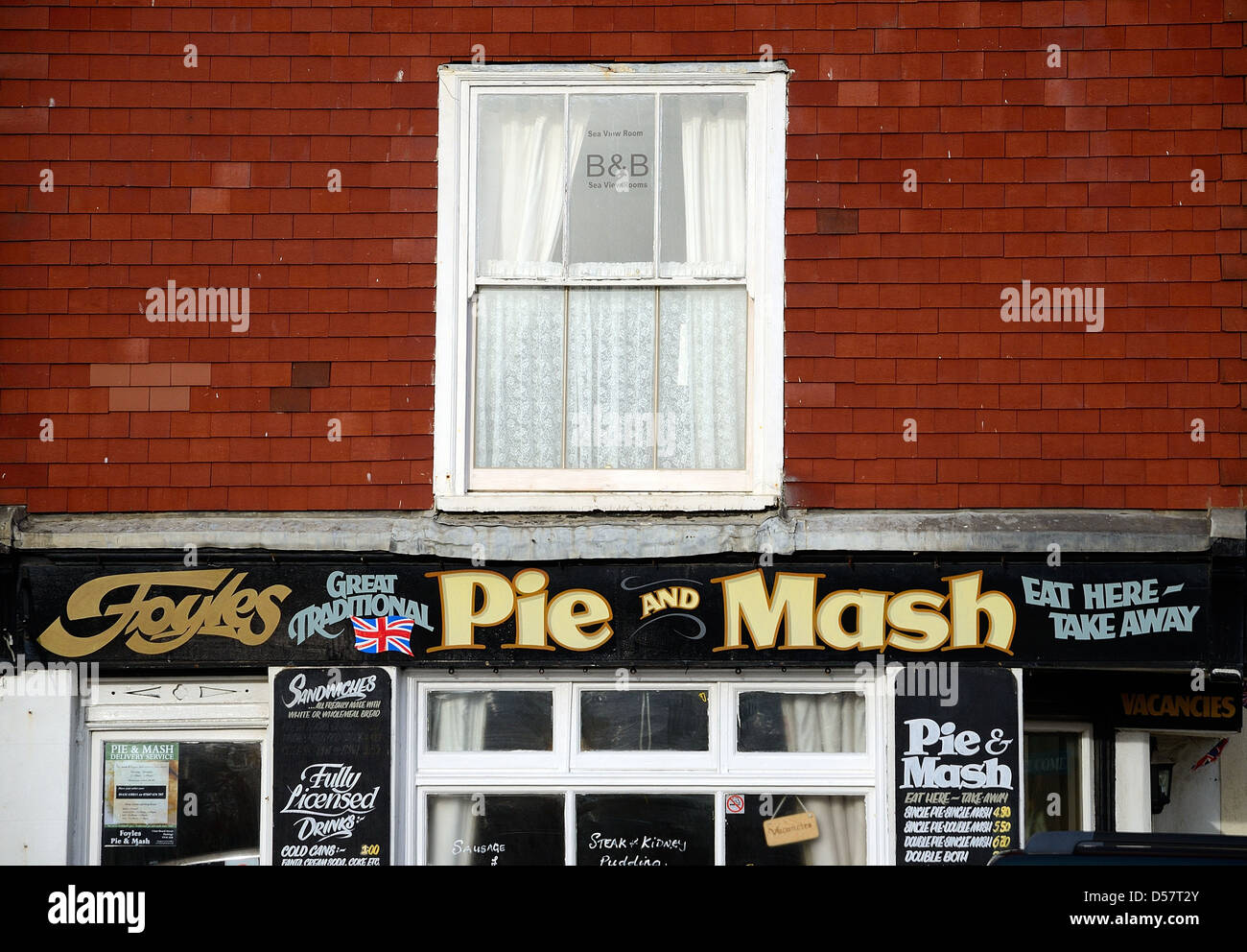 Detail der Pie and Mash Café in Hastings Sussex Stockfoto