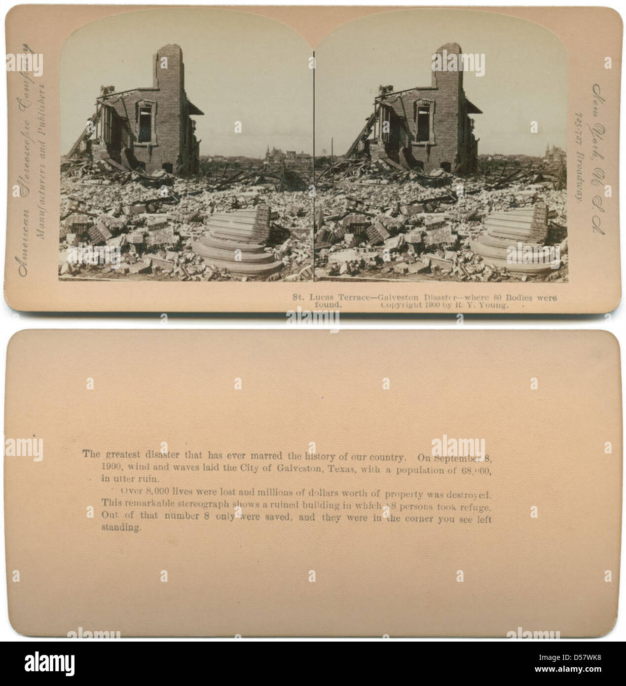 Die St. Lucas Terrace in Galveston, Texas, wurde während der Hurrikankatastrophe zu einem Ort der Tragödie, wo 80 Leichen gefunden wurden. Stockfoto