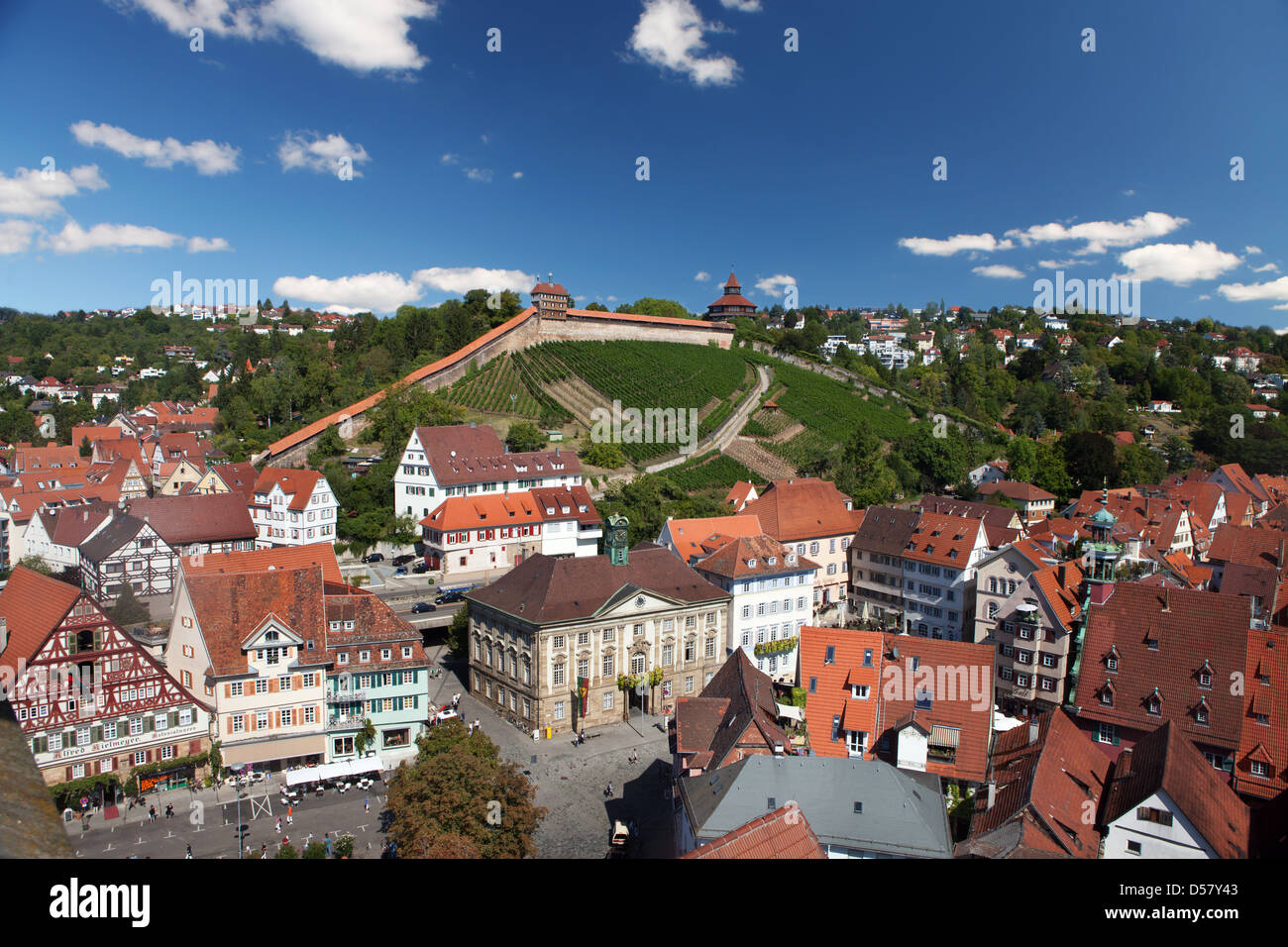 Blick auf die Stadt Esslingen vom Kirchturm über Marktplatz und Schloss
