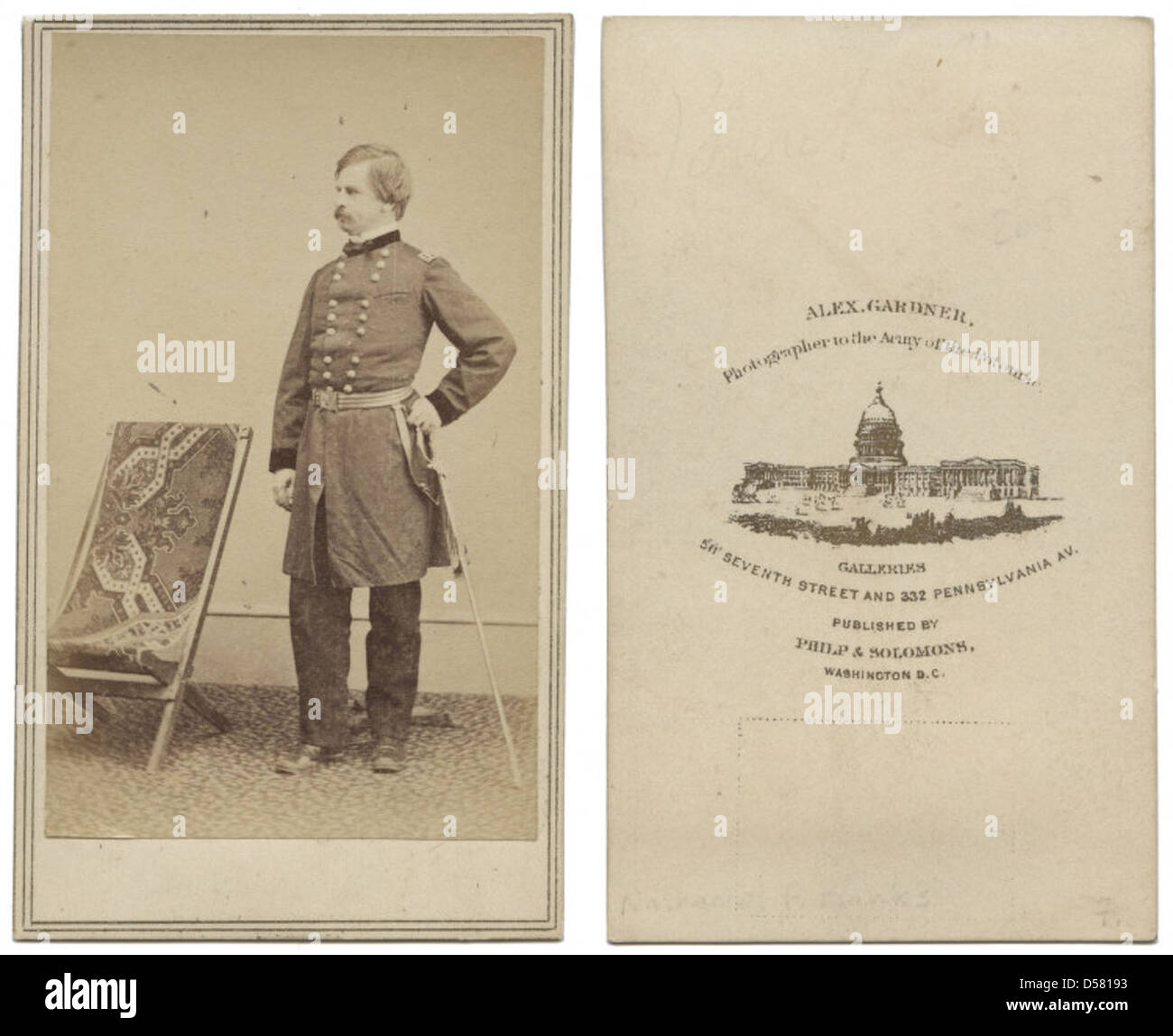 Ein Porträt von General Nathaniel Banks, einem Gewerkschaftsgeneral während des Bürgerkriegs, der später Gouverneur von Massachusetts und Sprecher des Repräsentantenhauses der Vereinigten Staaten war. Dieses Bild fängt seine Beiträge zur politischen und militärischen Geschichte der USA ein. Stockfoto