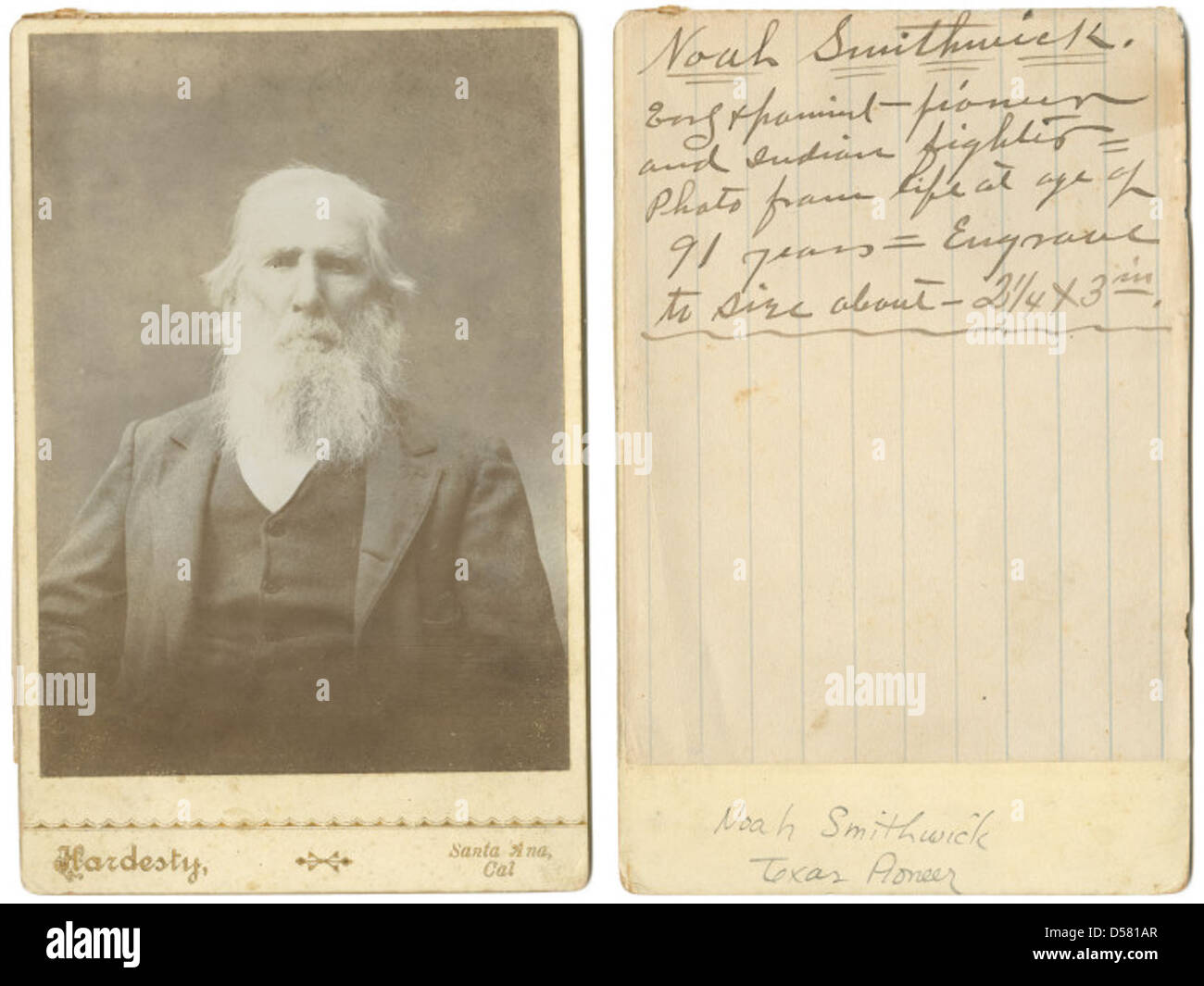 Noah Smithwick, ein bemerkenswerter Pionier im amerikanischen Westen, war integraler Bestandteil der frühen Entwicklung von Texas. Seine Beiträge zur Geschichte des Staates spiegeln die Not und Widerstandsfähigkeit der frühen Siedler wider. Stockfoto