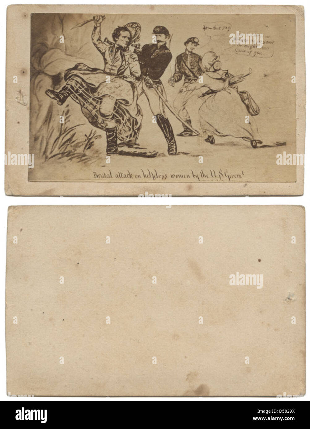 Eine Illustration eines brutalen Angriffs auf Frauen während einer Zeit der Unruhen, die auf Aktionen der US-Regierung verweist. Das Bild kritisiert die staatliche Behandlung von Frauen in politischen Konflikten. Stockfoto