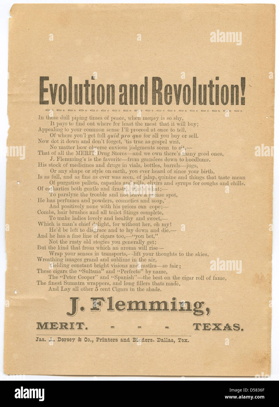 Evolution und Revolution! [J.f. Flemming, Drogerie, Verdienst, Tex.] Stockfoto