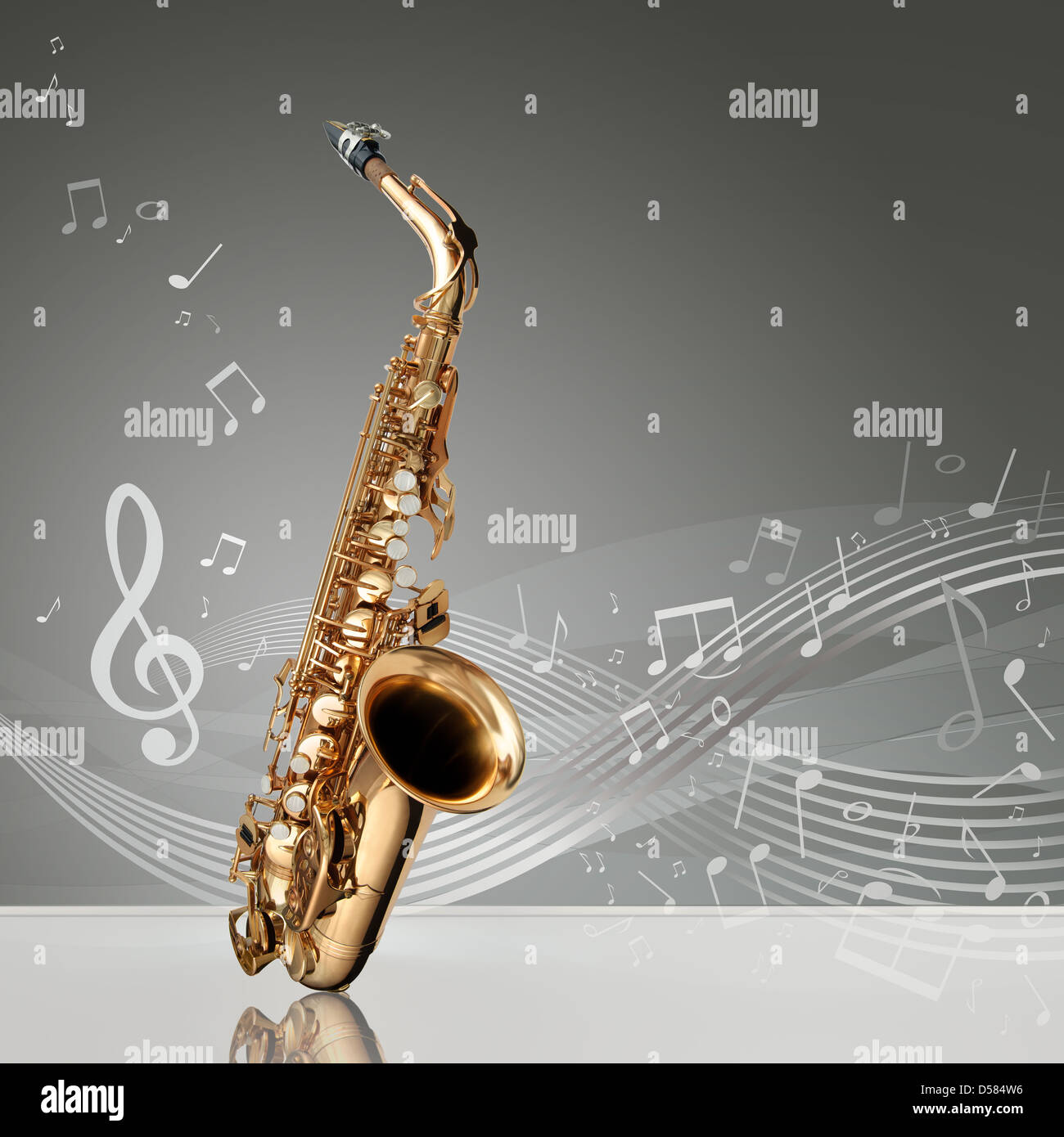 Saxophon mit Noten Stockfoto
