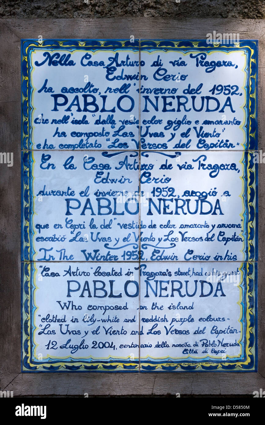 Pablo Neruda Plakette Via Tragara Capri Italien Stockfoto