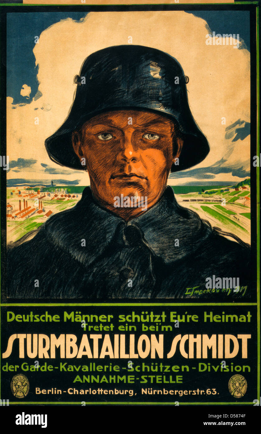 Sturmbataillon Schmidt; Deutsche Männer Schütt Eure Heimat! Tretet Ein Beim: Poster zeigt Kopf und Schultern Porträt des deutschen Soldaten; im Hintergrund eine Fabrik und Country-Szene und in beiden unteren Ecken des Sturmbataillon Schmidt-Wappen. Text fördert deutsche Männer zum Schutz des Landes und gewinnen im Sturm-Bataillon Schmidt, ca. 1919 Stockfoto