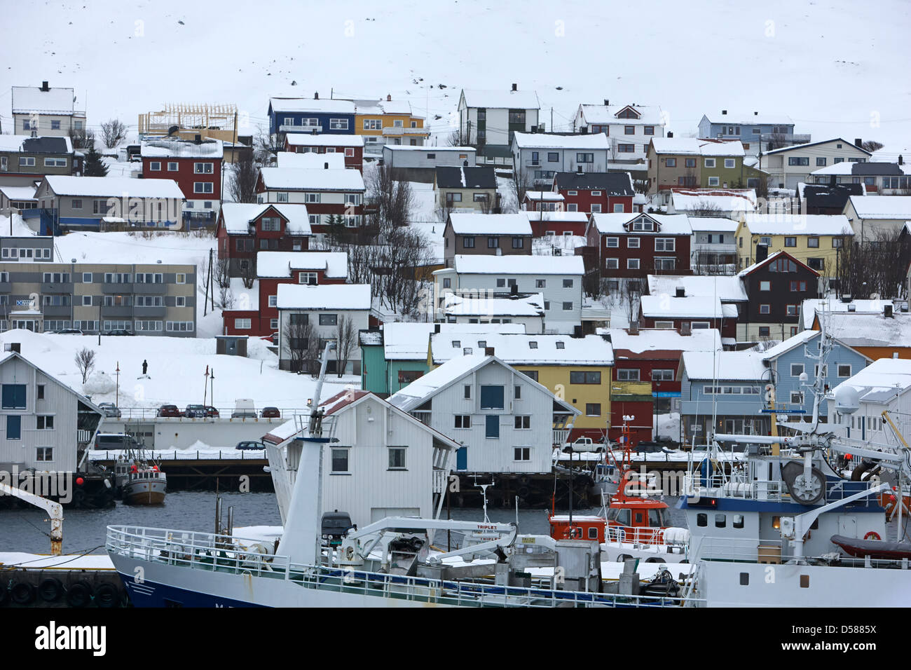 Honningsvag Hafen und traditionellen Holzhäusern Finnmark-Norwegen-Europa Stockfoto