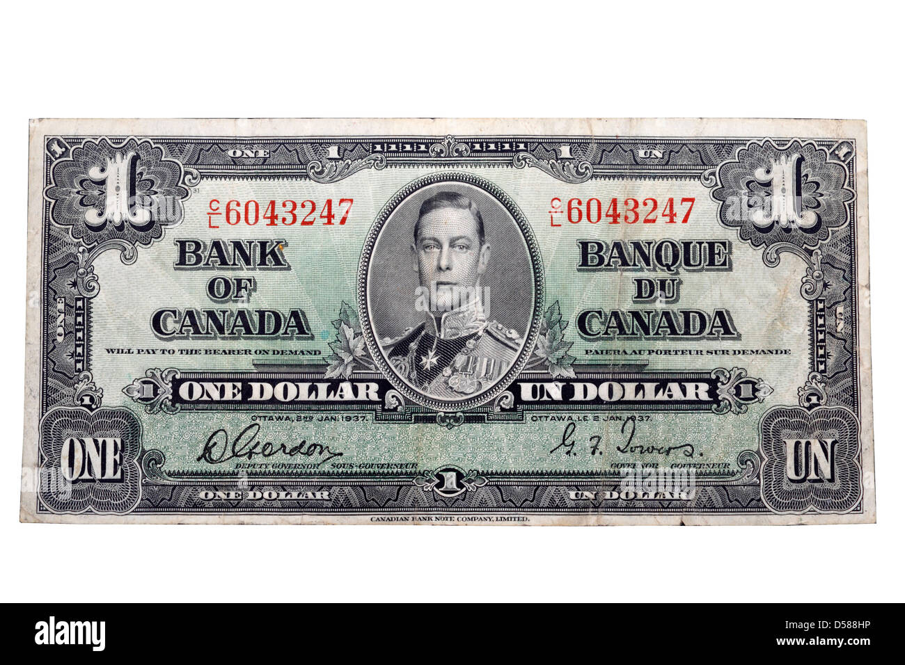 Bank of Canada, 1 Dollar-Note, zeigt König George des Sechstens Stockfoto