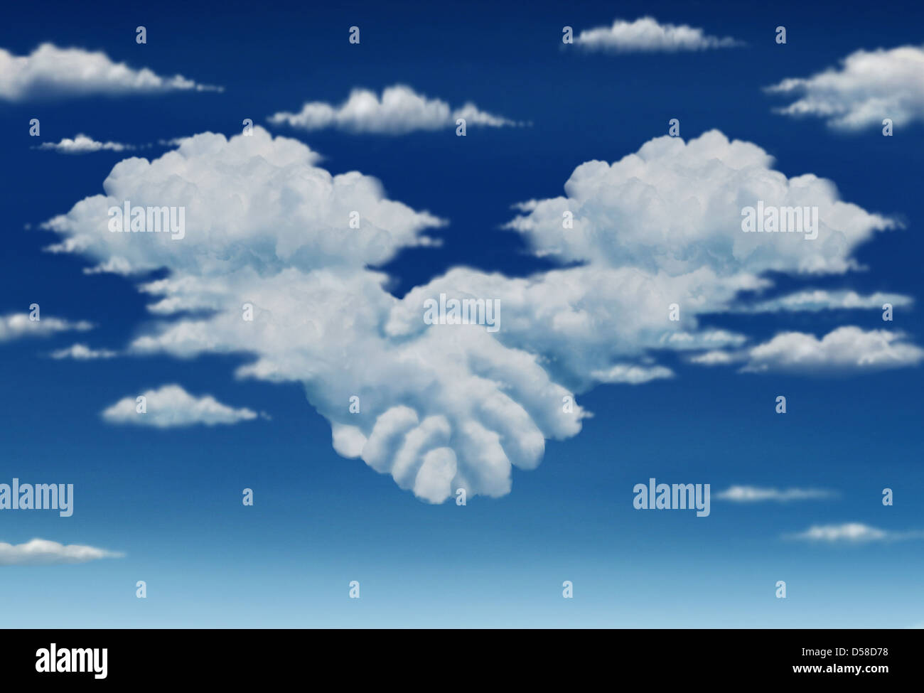 Vertrag Vereinbarung Vision bei einem Treffen einer Gruppe von zwei Cumulus-Wolken am blauen Himmel Wattierung Hände von Geschäftsleuten kommen Stockfoto