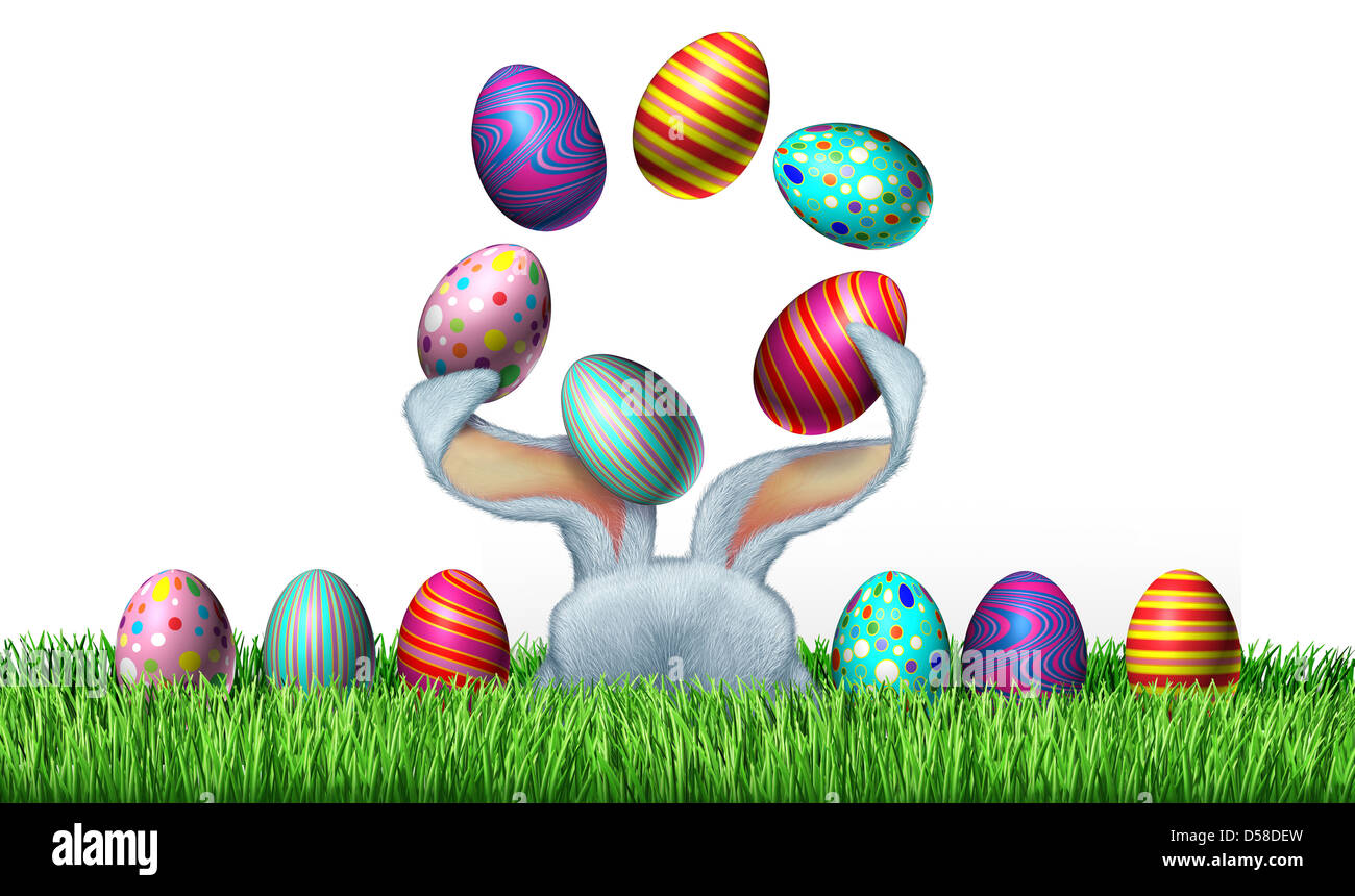 Oster-Spaß mit ein Versteck niedliche weiße Hase und Ohren jonglieren festliche bemalte Eiern in einem Ei Jagd Grasgrün Umfeld als ein Konzept von Frühling und Urlaub feiern auf einem weißen Hintergrund. Stockfoto