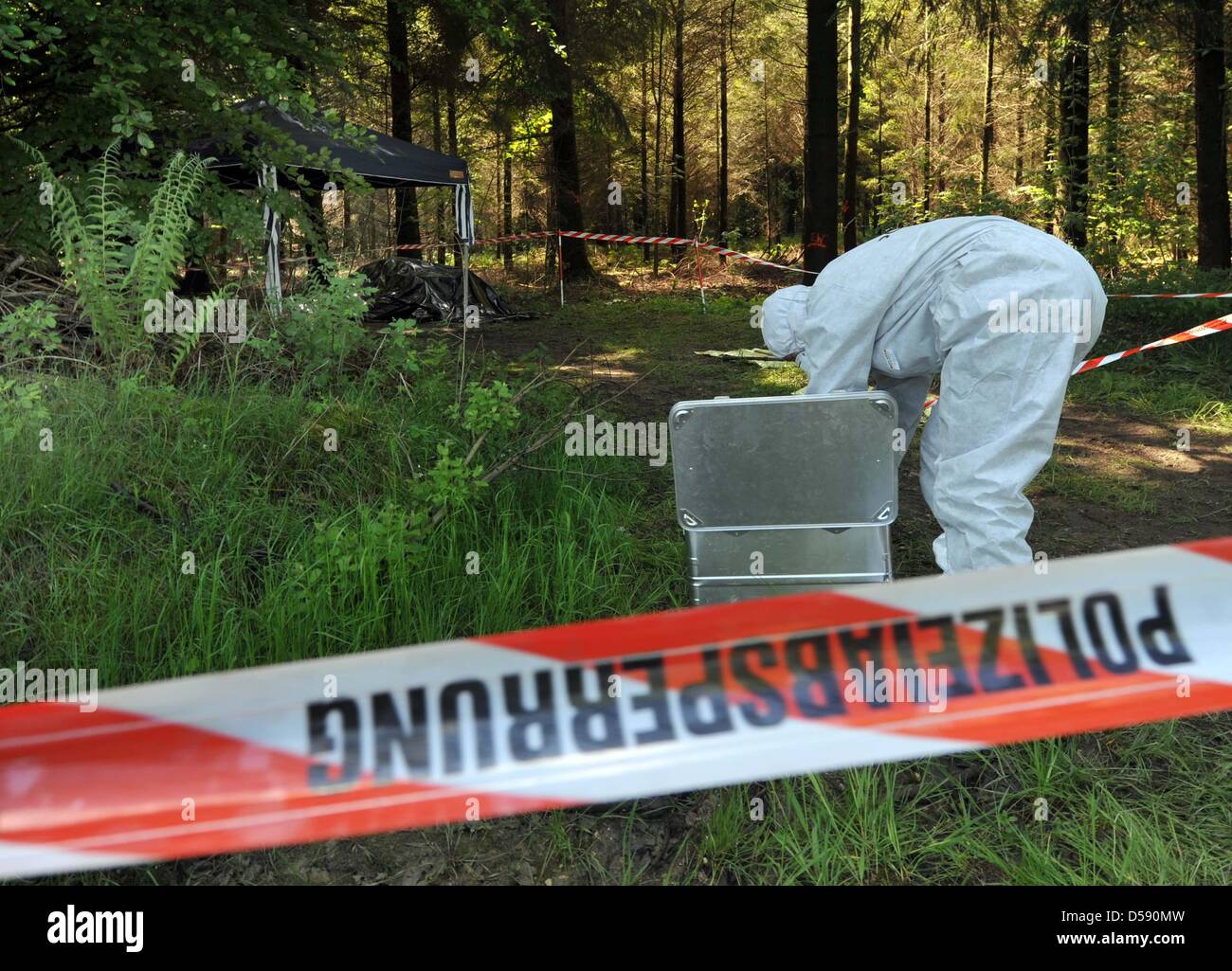Ein Polizist steht in einem Wald in der Nähe von Heidenheim-Nietheim, Deutschland, 4. Juni 2010. Am 03. Juni fand ein Spaziergänger mit Hund die Leiche einer Frau an diesem Ort, nicht weit von wo die Übergabe der Lösegeld für den entführten Maria Boegerl am 12. Mai 2010 gescheitert war. Eine Autopsie durchgeführt auf den Körper wird die Identität klar. Foto: STEFAN PUCHNER Stockfoto