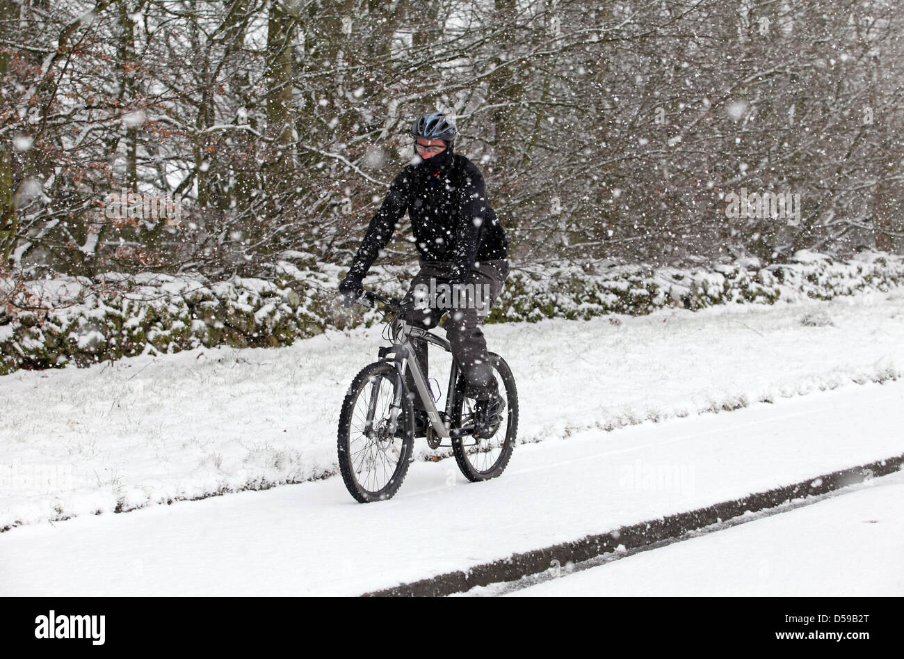 Radfahrer, Radfahren in starkem Schneefall während Schneesturm in Schottland im Vereinigten Königreich Stockfoto