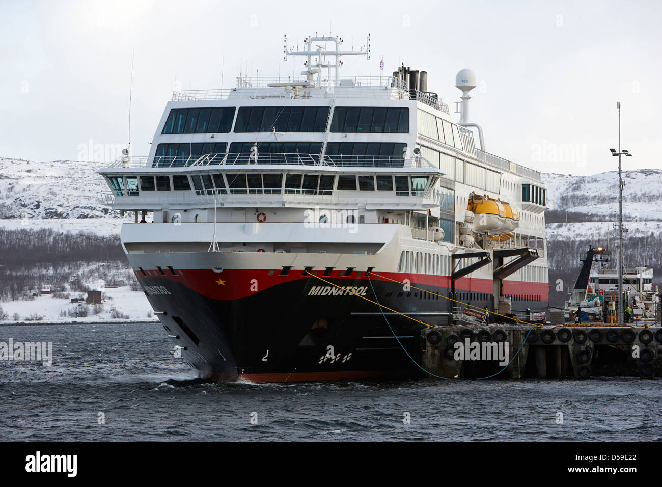 Hurtigruten Schiff MS Midnatsol festgemacht in Kirkenes Finnmark-Norwegen-Europa Stockfoto